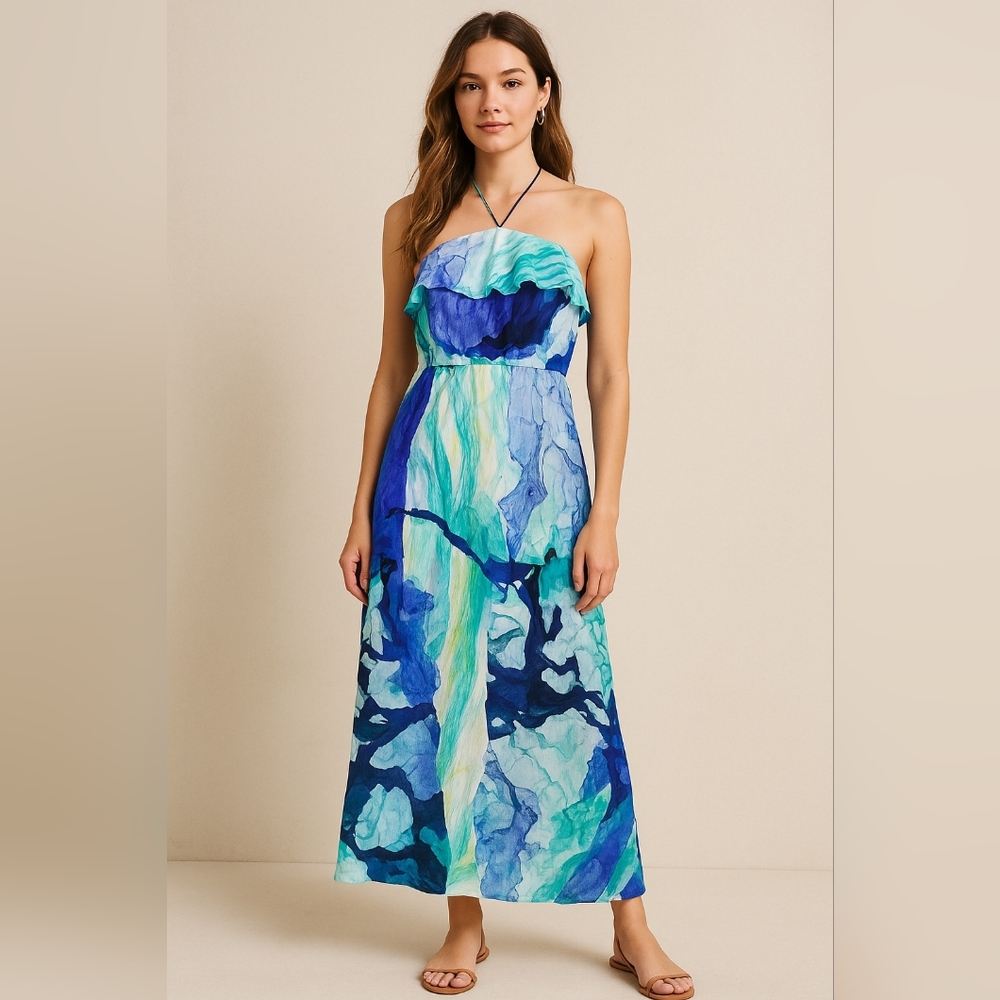 LEIFSDOTTIR Anthropologie Watercolor Abstract Halter Dress Silk Chiffon Tissue 8